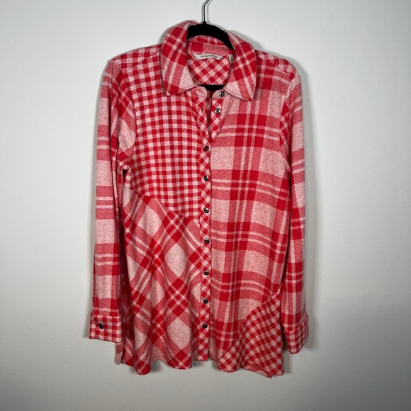 Soft Surroundings Paramour Tunic Top L Plaid‎ Button Down Long Sleeve Red Ivory - Picture 2 of 7